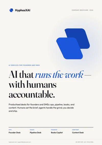 Cover of the HyphosXAI Ltd Company Brochure: the HyphosXAI logo above the headline "AI that runs the work, with humans accountable", listing Founder Desk, Pipeline Desk, Books Copilot and Content Desk.